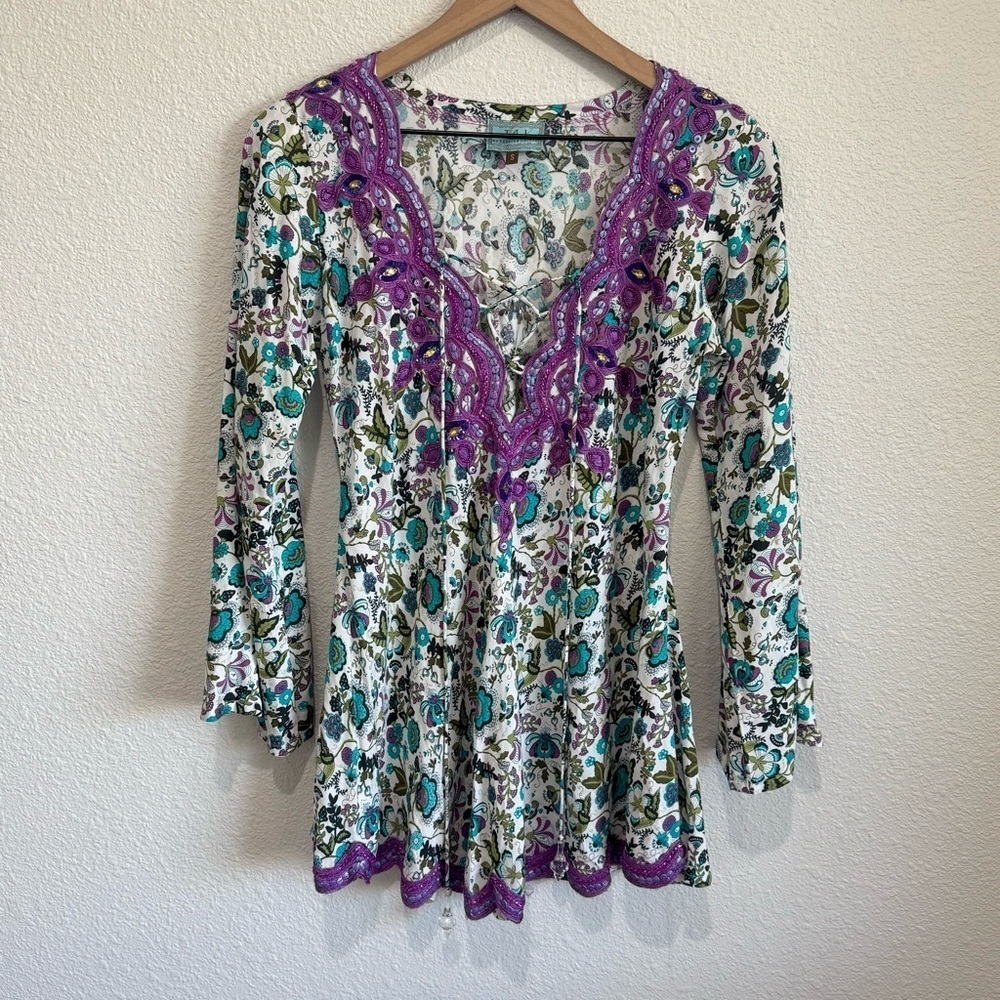 TAJ by Sabrina Crippa Blouse Womens Small Cotton Beaded‎ Embellished Floral Boho
